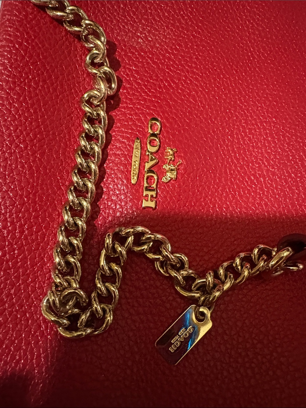 Coach Red Pebbled Leather Shoulder Bag with Gold Chain Strap - Picture 9 of 11